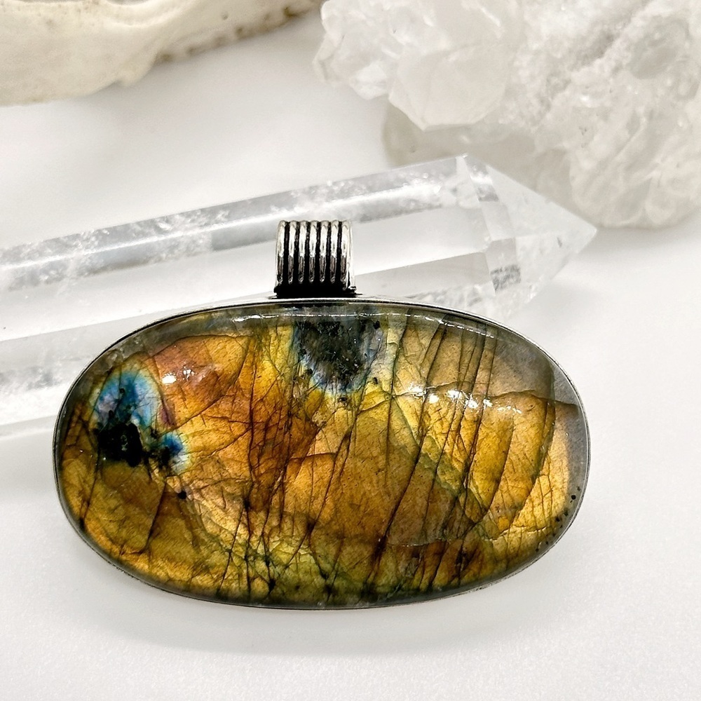 Huge Flashy Spectral Labradorite Silver Gemstone Pendant Necklace